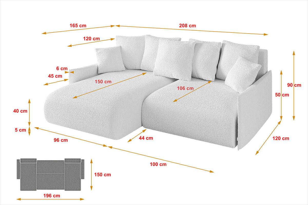 ECKSOFA mit Schlaffunktion und Bettkasten ONESK-L -v1 208x165x40 Weiß Bouclé - Weiß, Holzwerkstoff/Kunststoff (208/165cm) - ALTDECOR