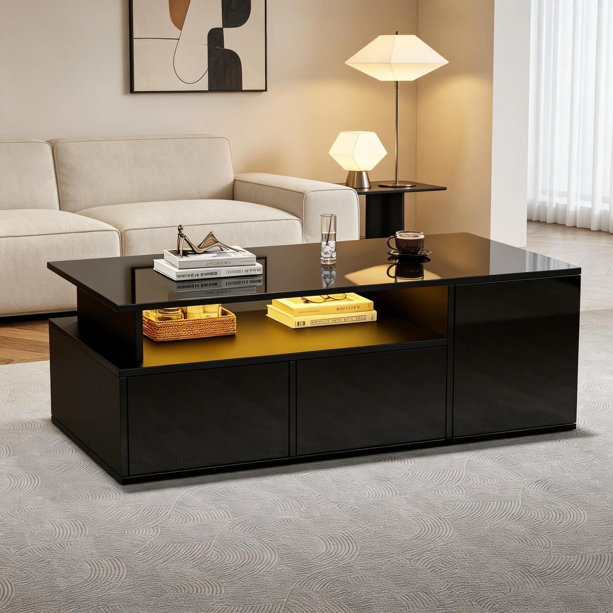 COUCHTISCH Schwarz 100/50/35 cm mit LED-Beleuchtung und Schubladen - Schwarz, Holzwerkstoff (50/100/35cm) - PANGIVO