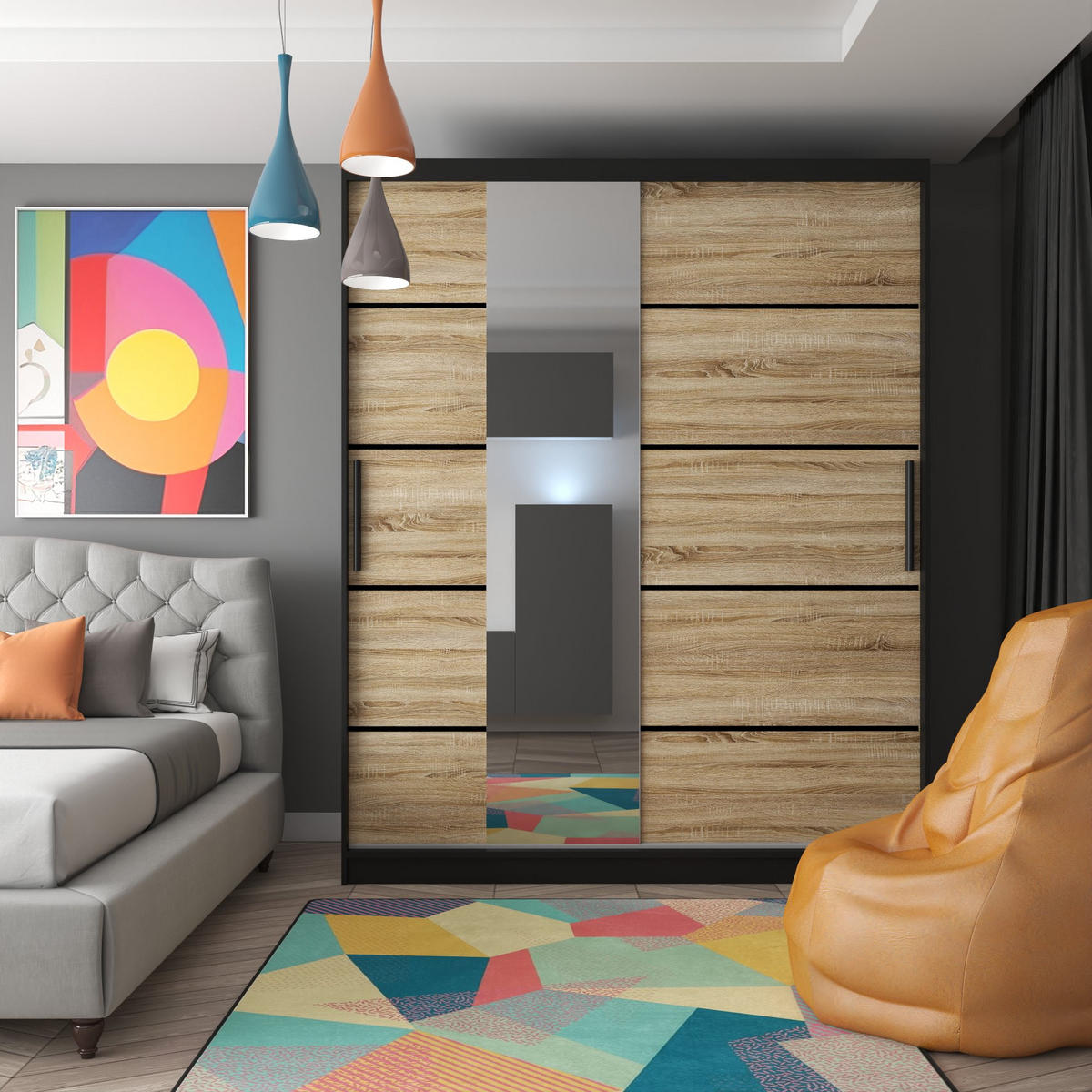 SCHWEBETÜRENSCHRANK Verona MBP, Schwarz/Sonoma Eiche Matt, 158 cm, mit Spiegel - Sonoma Eiche, Holz (158/216/60cm) - B BELINI GROUP