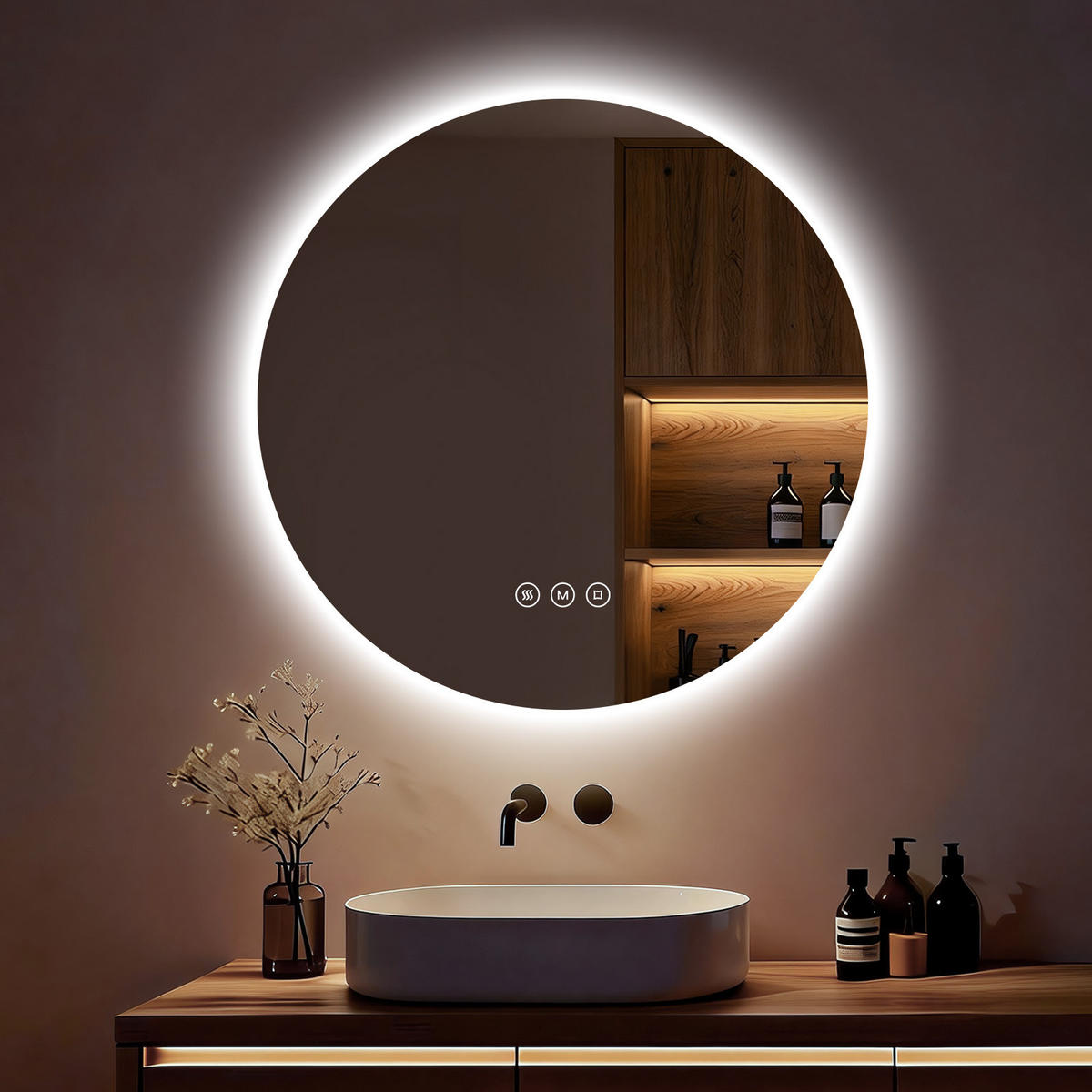 BADSPIEGEL MIT BELEUCHTUNG 60 cm Rund mit dimmbarer LED-Beleuchtung und Antibeschlag - Transparent, Glas (60/60/3.5cm) - S'AFIELINA