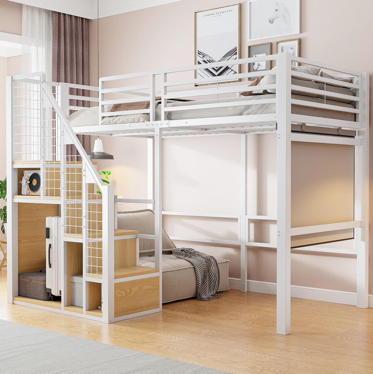 HOCHBETT 90/200 cm, Weiß mit Stauraum und Treppe - Weiß, Metall (90/200cm) - MIVRAY