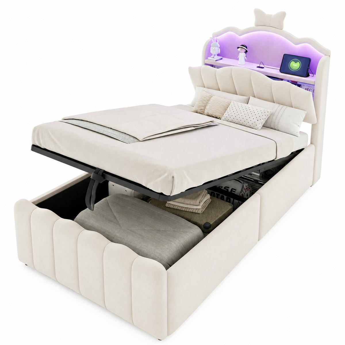 KINDERBETT 90/200 cm in Beige mit Stauraum, LED und USB - Beige, Holzwerkstoff/Textil (90/200cm) - CHICFURN
