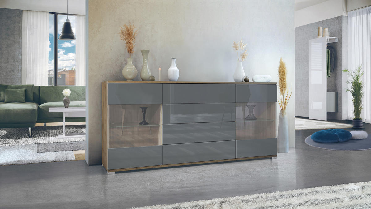 SIDEBOARD Bari Grau Hochglanz - Grau, Holzwerkstoff (166.5/75.5/35cm) - Vladon