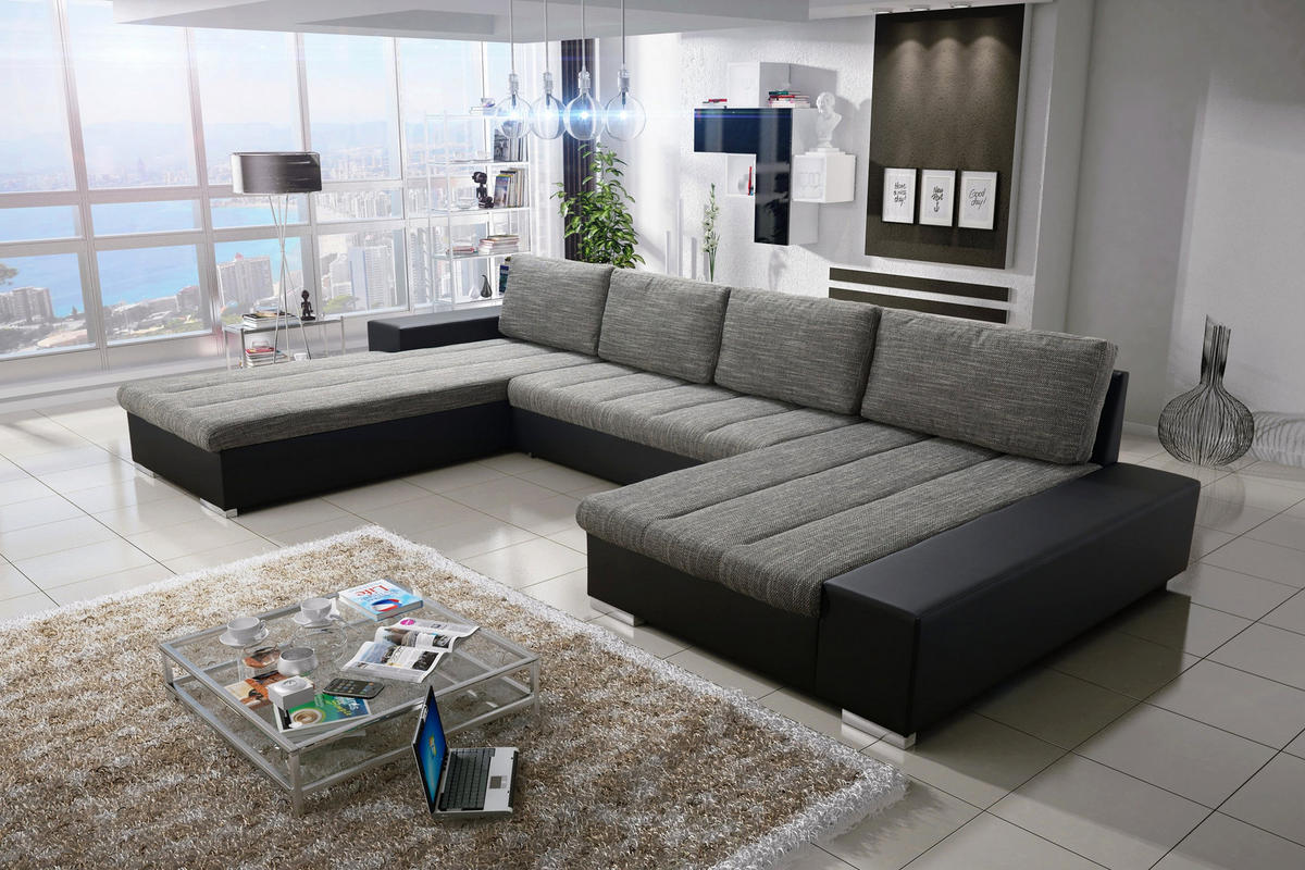 WOHNLANDSCHAFT VERONA U-Form mit Schlaffunktion, Bettkasten und Wellenfederung – Großzügiges Ecksofa 387 cm - Grau, Kunststoff (387/85/213cm) - Wohnideebilder