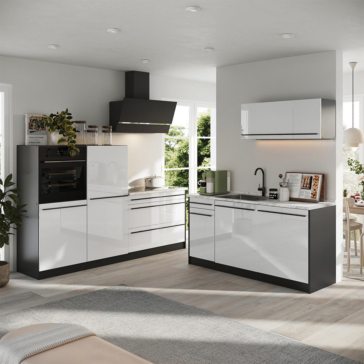KÜCHENZEILE R-Line, Weiß Hochglanz/Anthrazit, 220 cm Arbeitsplatte Anthrazit - Weiß Hochglanz/Anthrazit, Holzwerkstoff (220/143/60cm) - Vicco