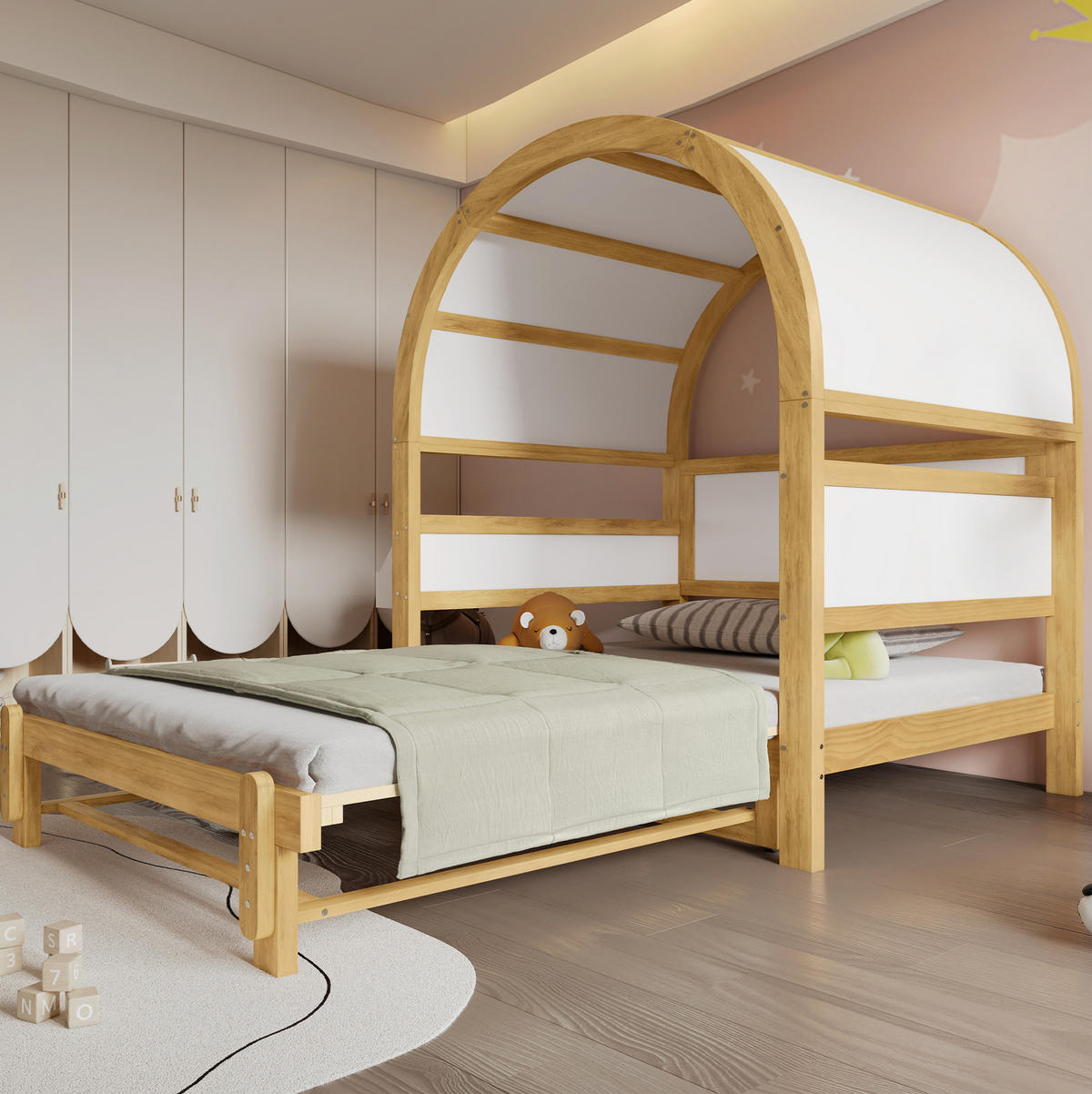HAUSBETT 140/200 cm in Weiß/Natur – mit Dachaufbau und Ausziehbett - Weiß, Holzwerkstoff (140/200cm) - BEAOK