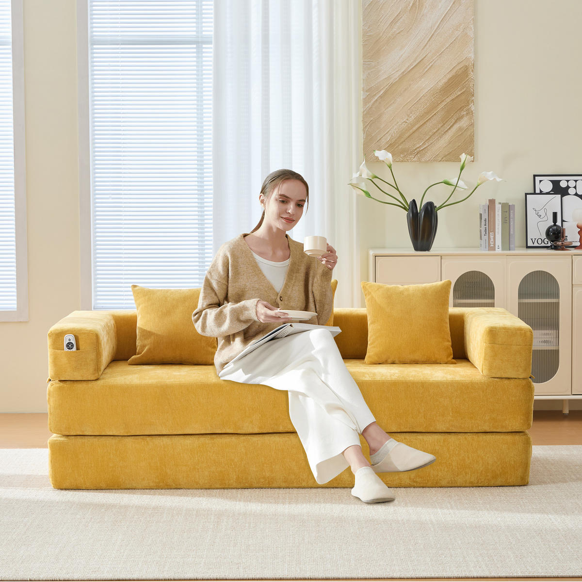 3-SITZER SOFA Chenille Senfgelb mit Seitentaschen und Anti-Rutsch-Unterseite - Gelb, Holzwerkstoff/Textil (198/60/79cm) - WISHDOR