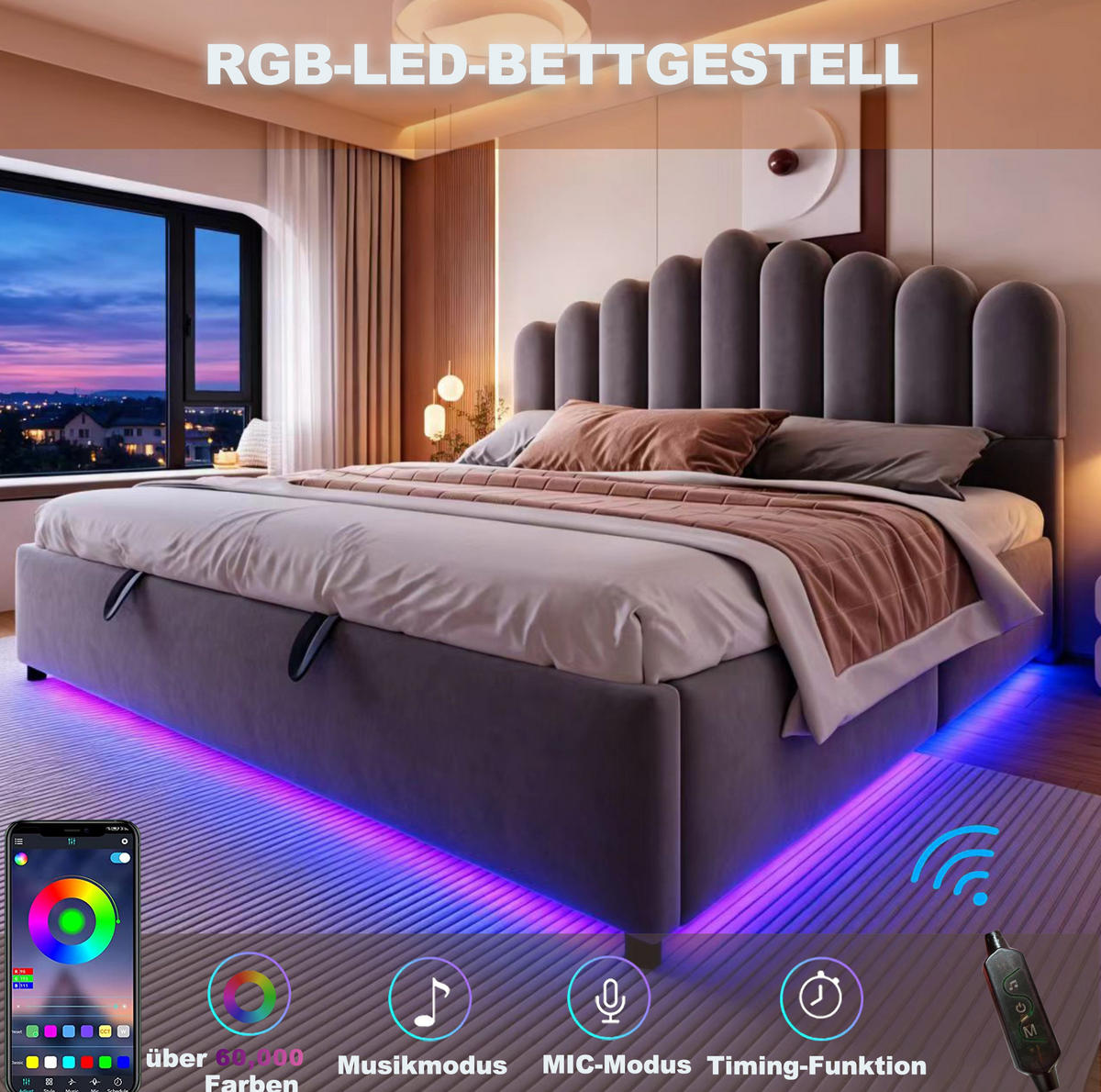 POLSTERBETT 180/200 cm aus Samt mit Stauraum und LED-Lichtleiste, Grau - Grau, Textil (180/200cm) - OKMYHOME