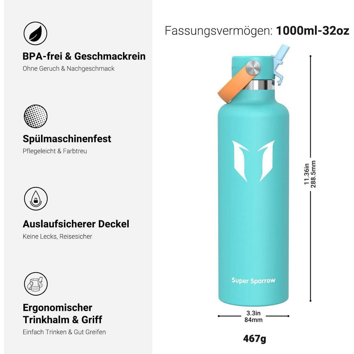 TRINKFLASCHE Edelstahl 1000 ml C-Minze - Türkis, Metall (8.5/8.5cm)