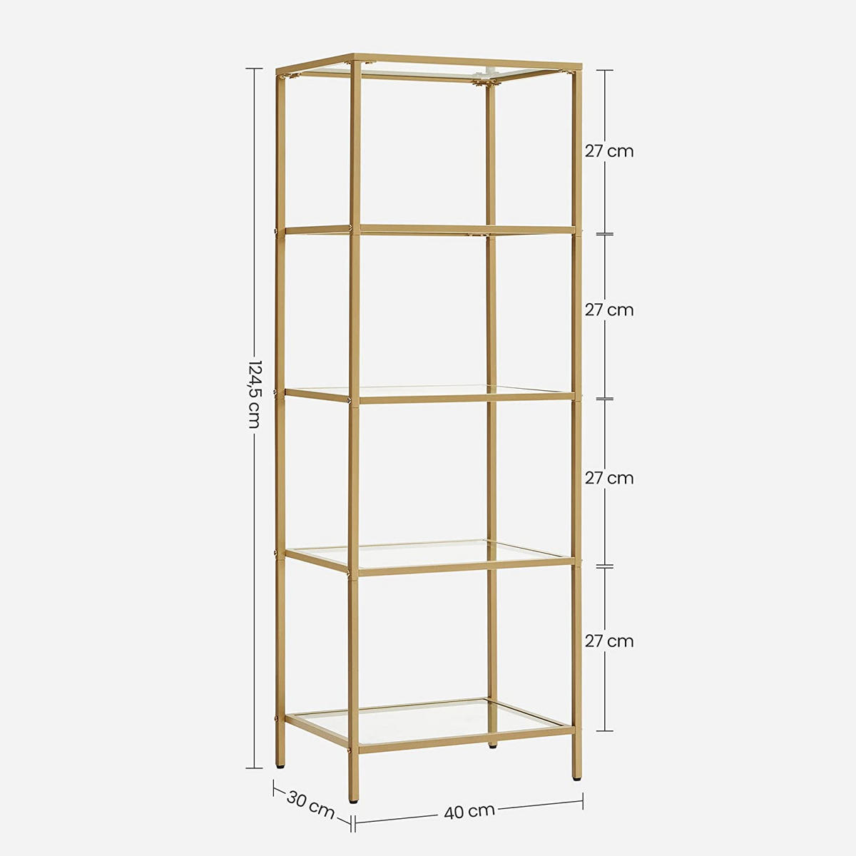 REGAL Gold 40x30 cm LGT029A01 Mit 5 Stabilen Glasböden - Goldfarben, Metall (40/124.5/30cm)