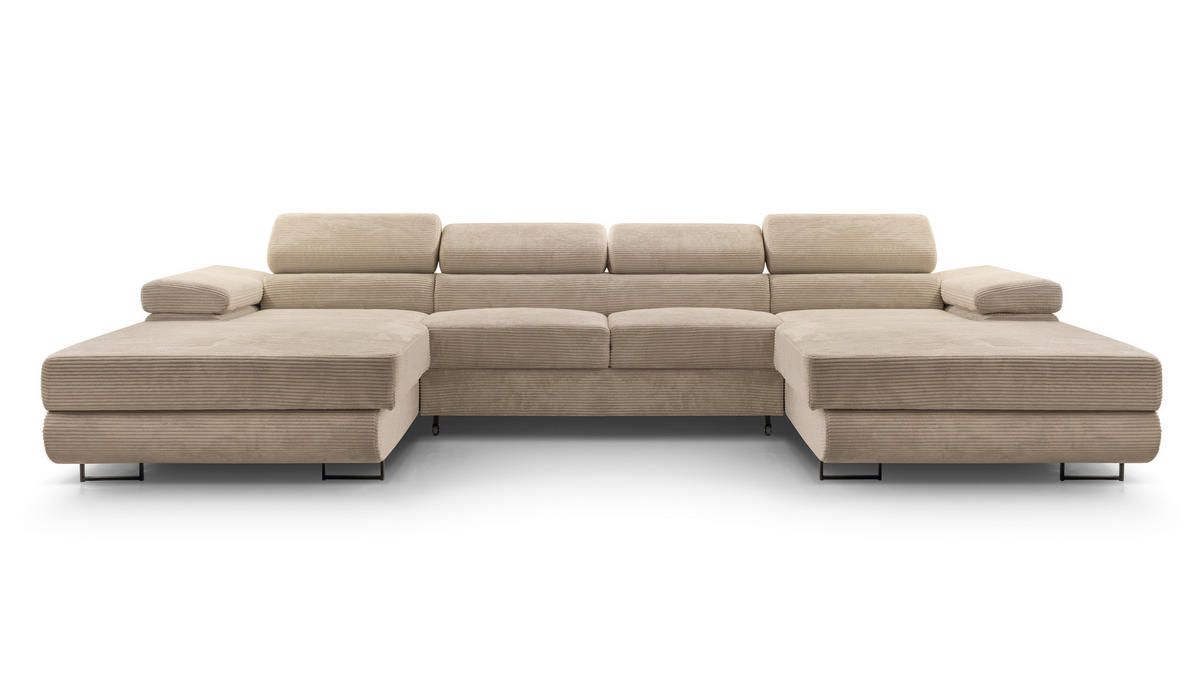 WOHNLANDSCHAFT GIULIO Beige Velours-Stoff mit Schlaffunktion - Beige, Holz (352/90/202cm) - MASSENO