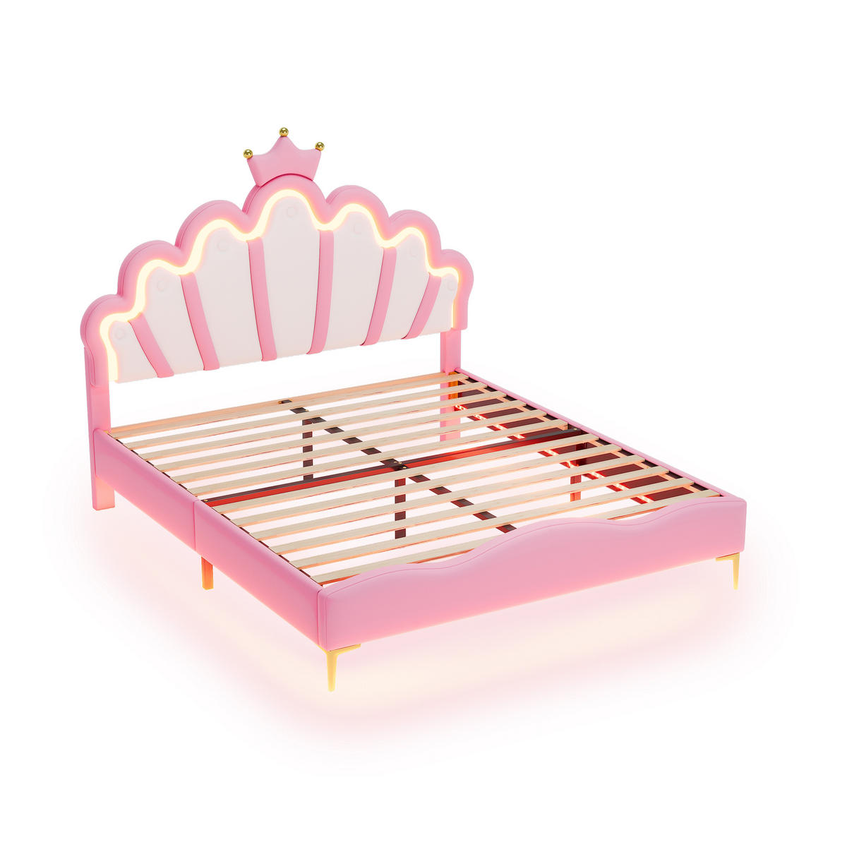 KINDERBETT 140/200 cm Rosa mit krönendem Kopfteil und LED-Beleuchtung - Rosa, Kunststoff (140/200cm) - OKWISH