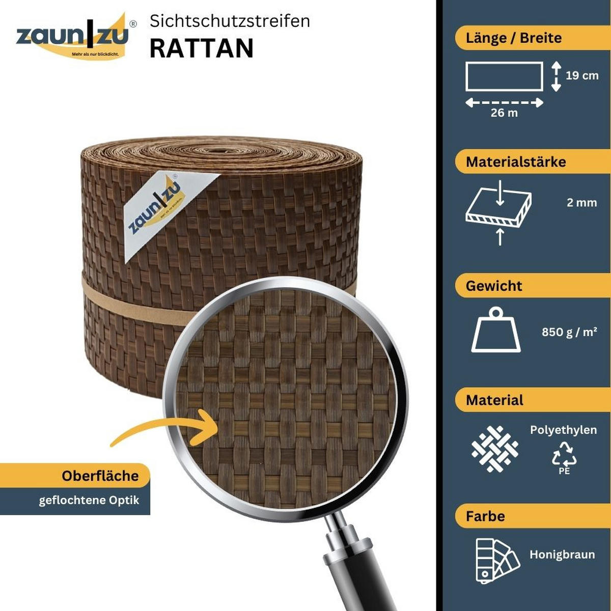 SICHTSCHUTZSTREIFEN Rattan PE für Doppelstabmatten Honigbraun 26m - Rotbraun, Kunststoff (2600/19cm) - ZAUN|ZU