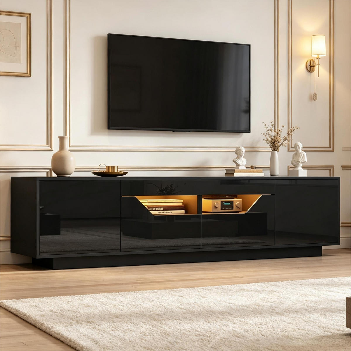 TV-SCHRANK 180/40/45 cm Schwarz mit 2 Schubladen und 2 Türen - Schwarz, Holzwerkstoff (180/45/40cm) - Oxeza