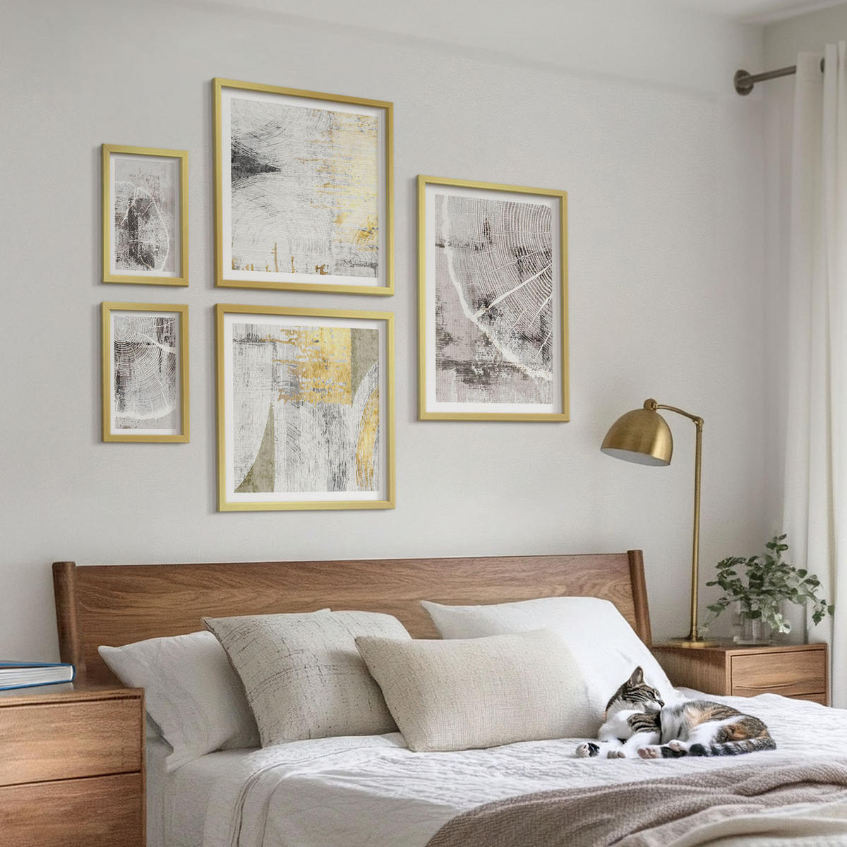 WANDBILDER 5er Set - 50x50 cm & 20x30 cm & 40x60 cm Goldrahmen - Beige abstrakte Formen Linien - Goldfarben, Kunststoff (40/60cm) - ArtPrintCave