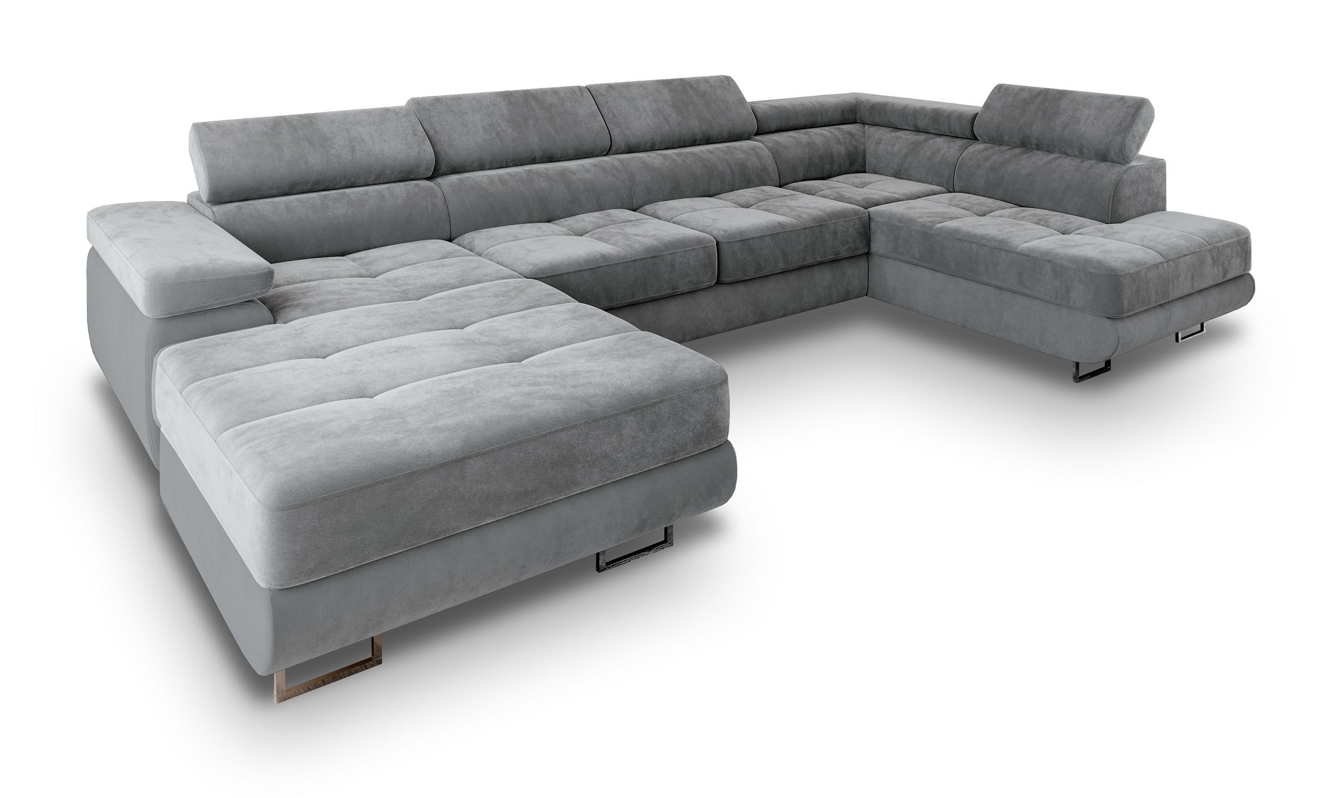 WOHNLANDSCHAFT CASONE R-S Hellgrau Velours-Stoff mit Schlaffunktion - Hellgrau, Holz (345/90/202cm) - MASSENO