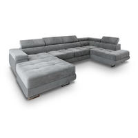 WOHNLANDSCHAFT CASONE R-S Hellgrau Velours-Stoff mit Schlaffunktion - Hellgrau, Holz (345/90/202cm) - MASSENO
