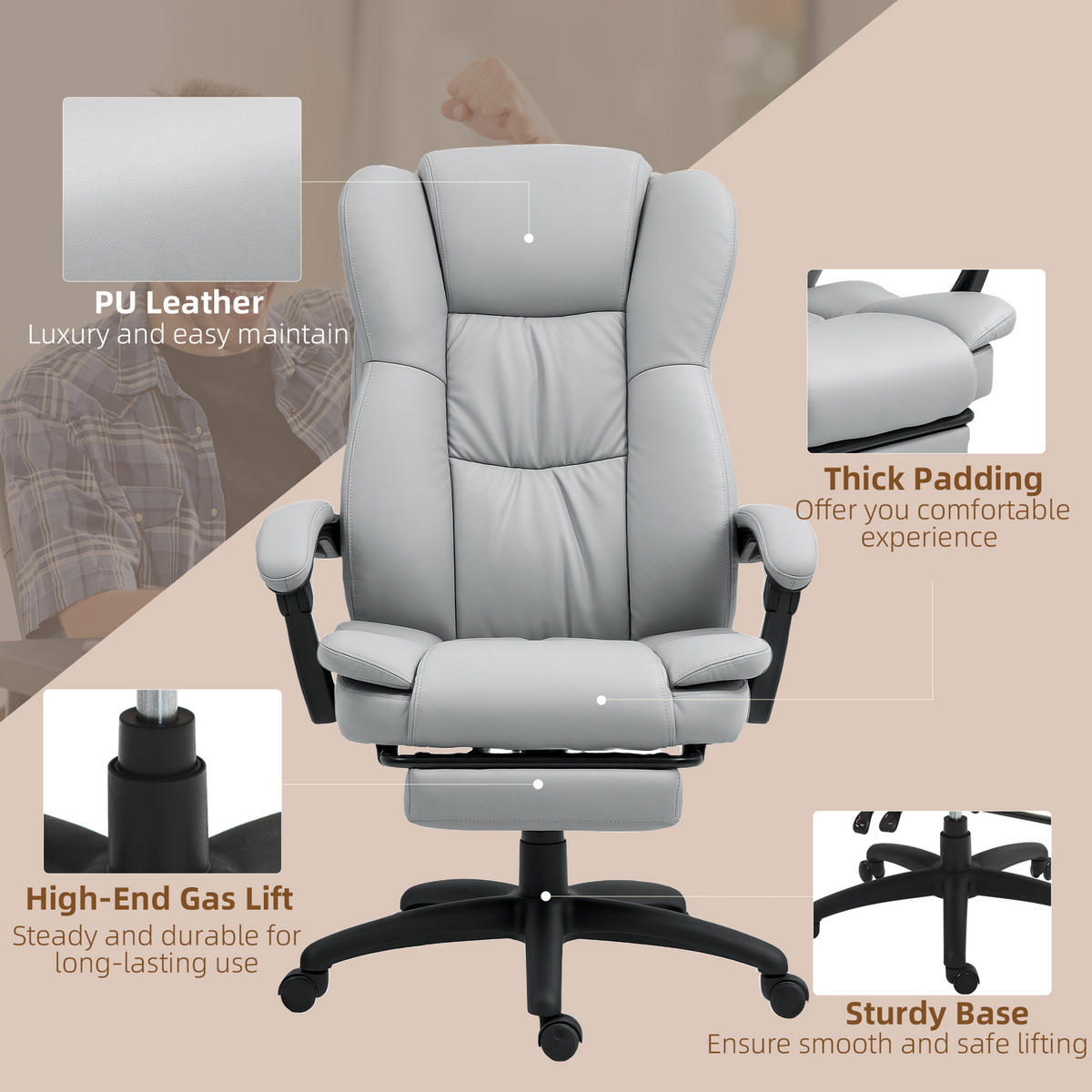 BÜROSTUHL mit 5 Massagemodi, Ergonomisch Schreibtischstuhl mit Liegefunktion - Hellgrau/Schwarz, Kunststoff (68.5/121/68.5cm) - Vinsetto