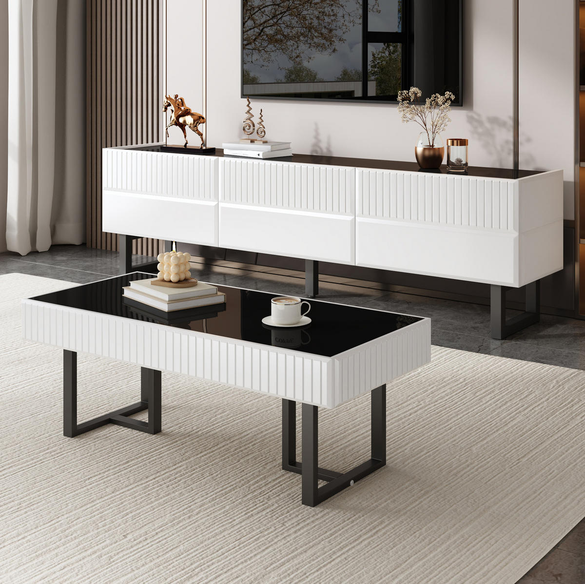 COUCHTISCH 110/50,5/41 cm Schwarz-Weiß aus MDF und Spanplatte hochglänzend - Schwarz, Holzwerkstoff (110/50.5/41cm) - OKWISH