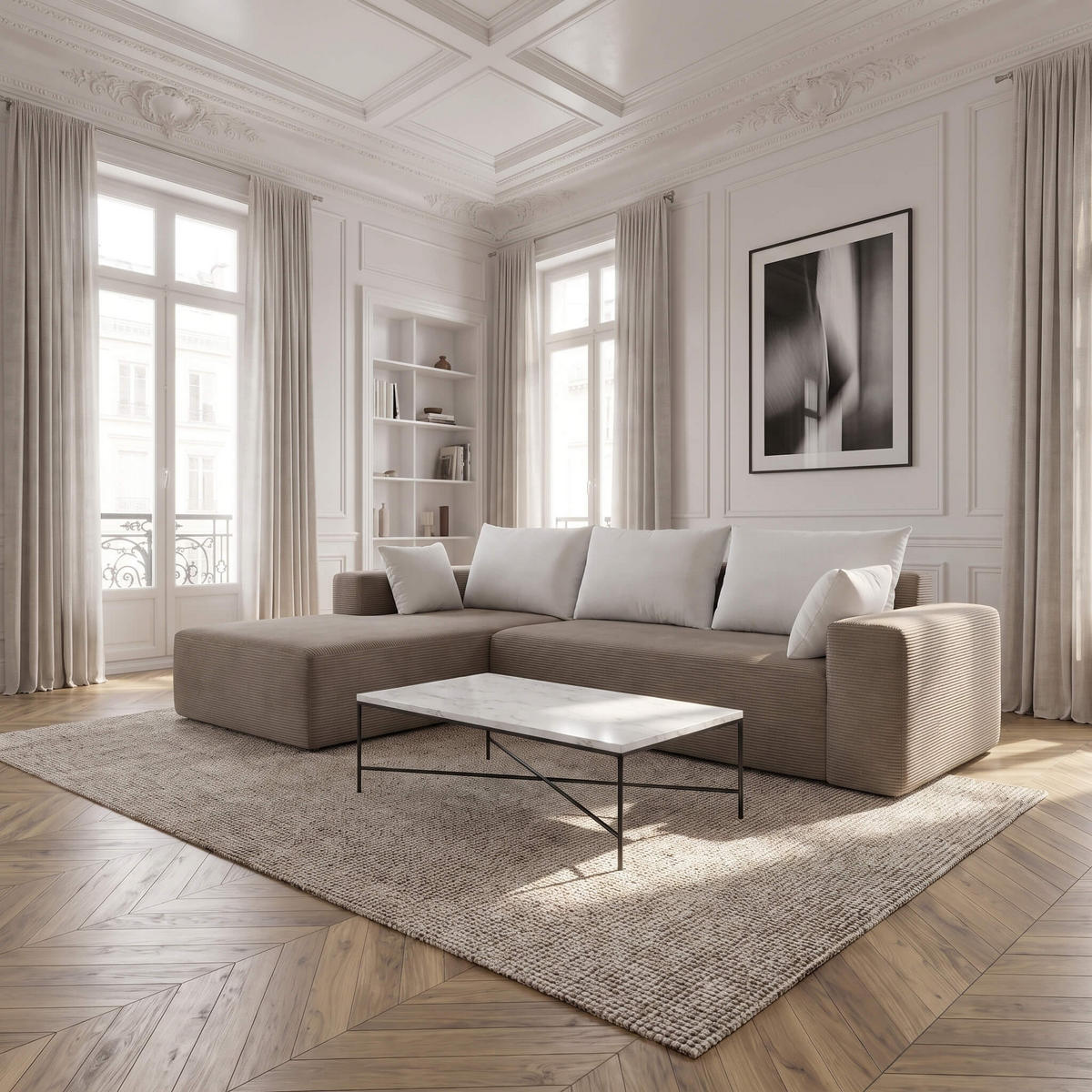 ECKSOFA Luna Sand Weiß 3-Sitzer Links - Weiß, Textil (267/175cm) - COCO Living