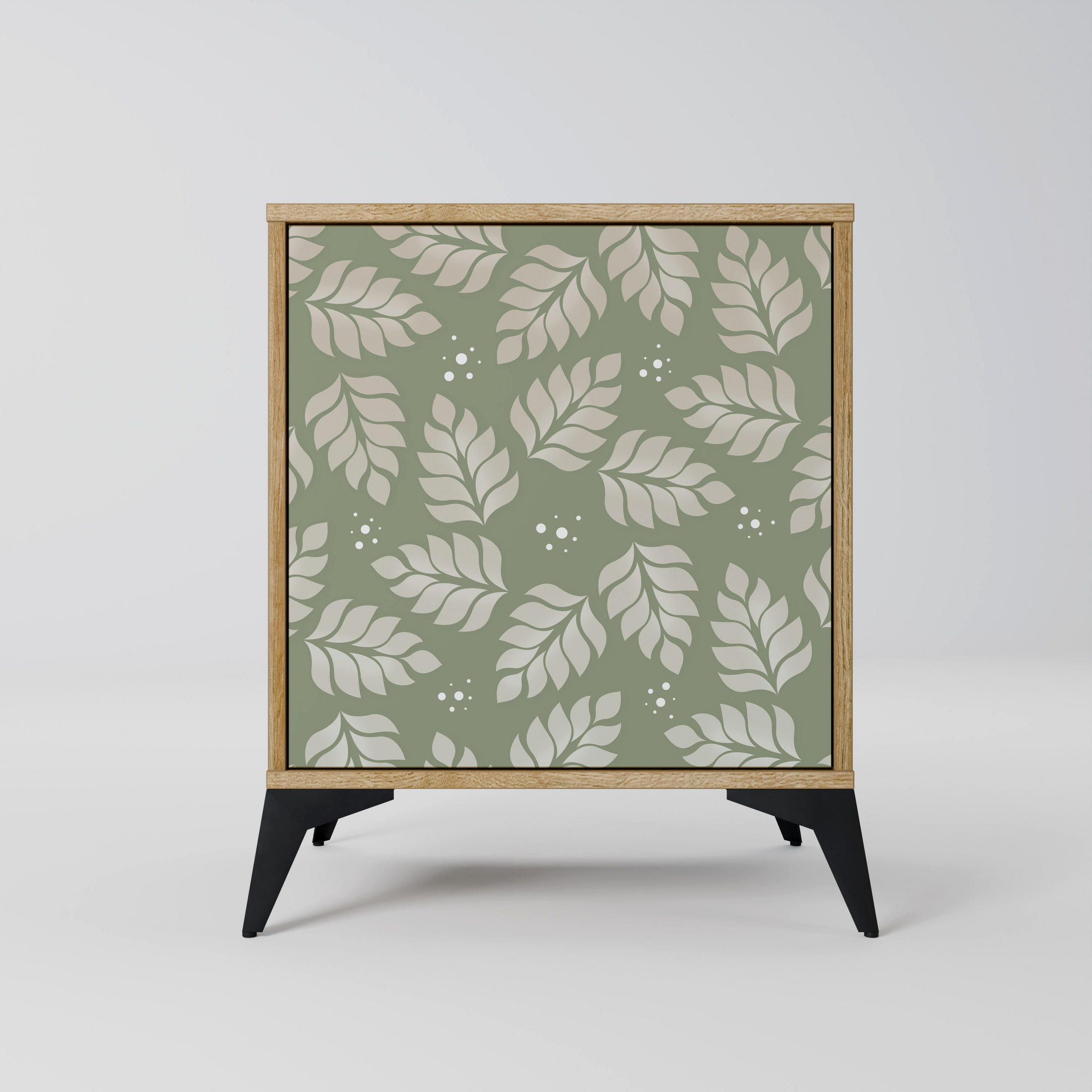 SIDEBOARD LEAVES ON GREEN, Eichefarben, 57,5x42x70,5 cm, Schwarze Metall-Sternfüße - Eichefarben/Multicolor, Holzwerkstoff/Metall (57.5/70.5/42cm) - SpaceRebels