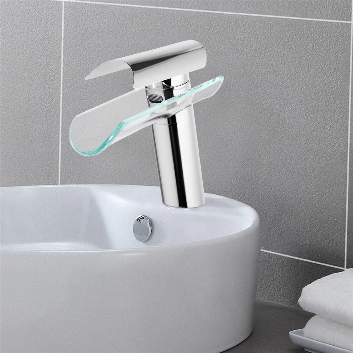 WASCHTISCHARMATUR Wasserfall Messing mit Glasauslauf - Silberfarben, Metall (17.5/17.5/3.5cm) - Kaket