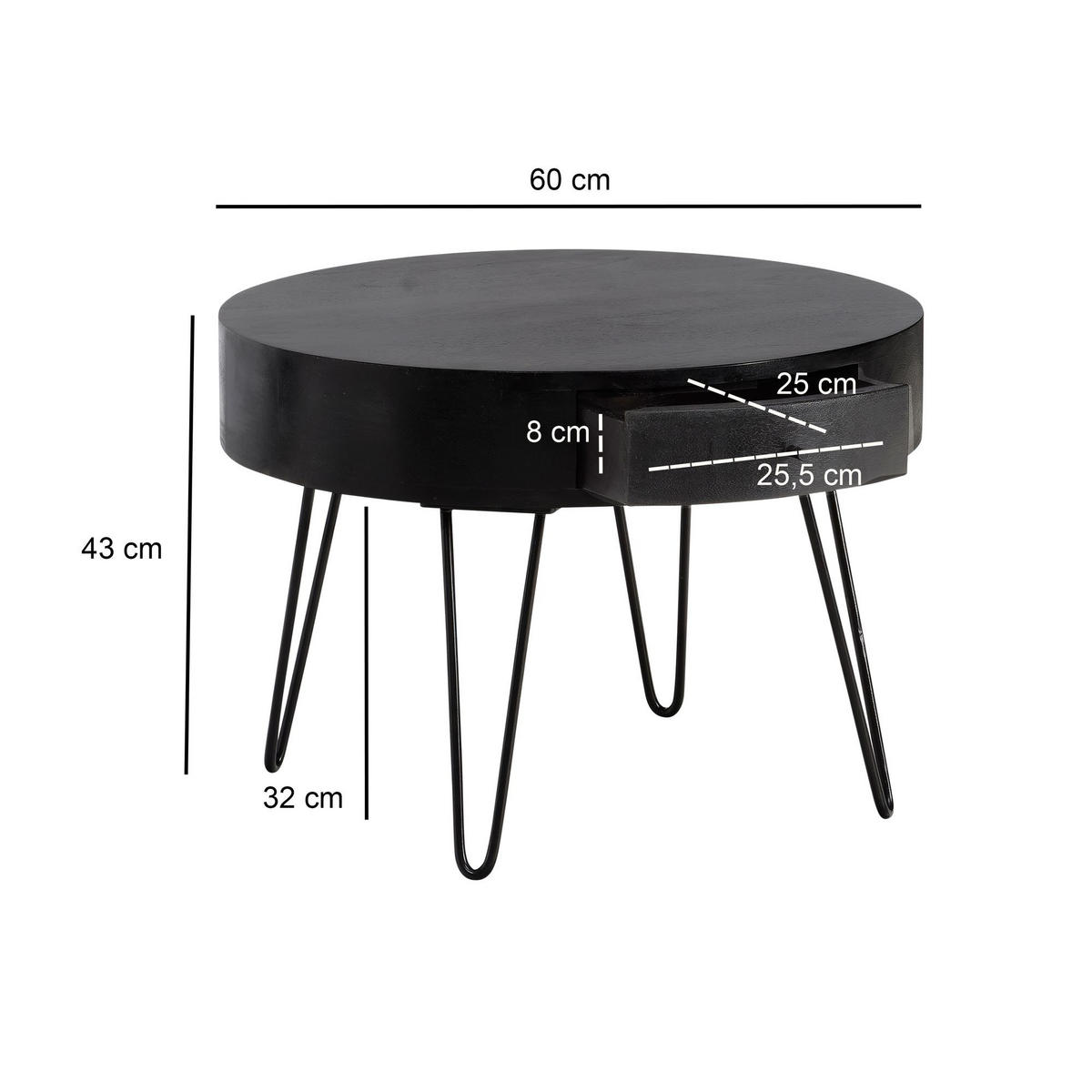 COUCHTISCH Rund Mango Massivholz Metall, 60x60x43 cm, mit Schublade, Stauraum und Haarnadelbeinen - Schwarz, Holz/Metall (60/60/43cm) - KADIMA DESIGN