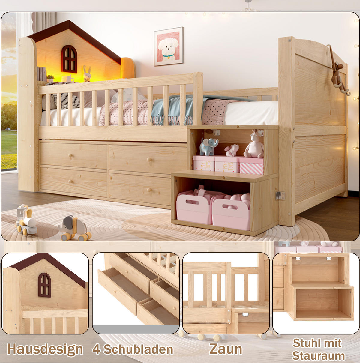 HALBHOHES Kinderbett aus Kiefernholz 90x200 cm Natur mit 4 Schubladen, Stauraumleiter und LED-Beleuchtung - Naturfarben, Holz (90/200cm) - IVMEU