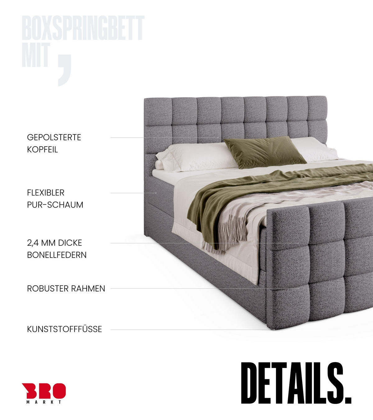 BOXBETT Dakota Duo mit Topper 140/200 Grau - Hellgrau, Holz/Textil (140/200cm) - Bromarkt