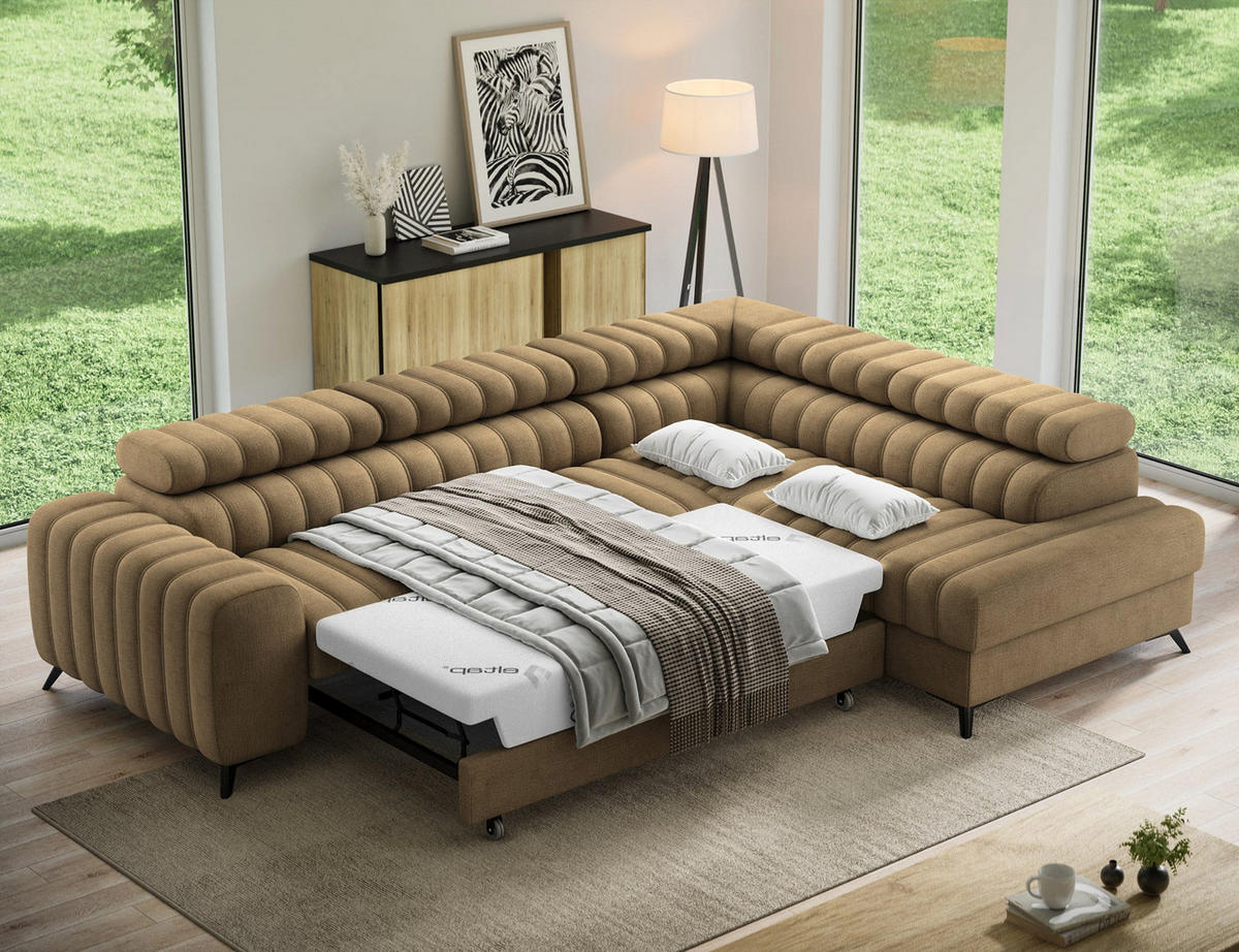 KANEDO Ecksofa mit Schlaffunktion und Bettkasten – Modernes Designsofa, verstellbare Kopfstützen, Metallfüße - Braun, Kunststoff (269/86cm) - Wohnideebilder