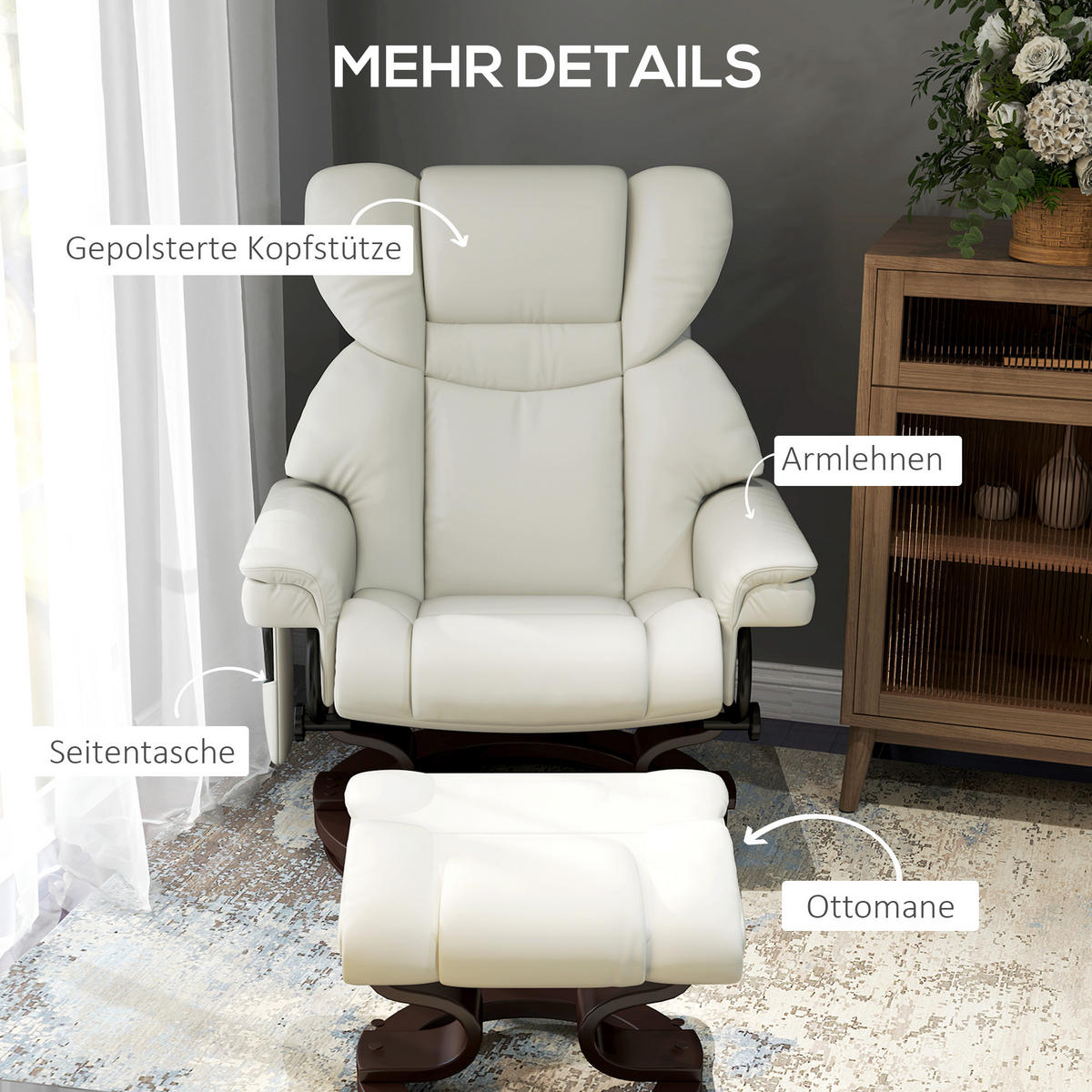 RELAXSESSEL mit Fußhocker, Elektrischer Fernsehsessel mit Liegefunktion, Cremeweiß - Dunkelbraun/Creme, Holz/Metall (82/101/79cm) - HOMCOM