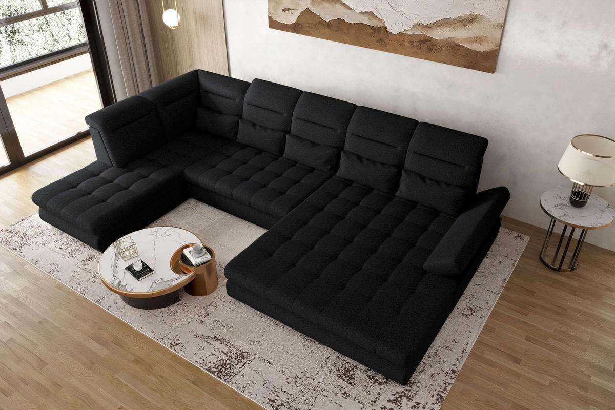WOHNLANDSCHAFT Toscana Strukturstoff inkl. Schlaffunktion - Schwarz, Textil (358/87/208cm) - 99rooms