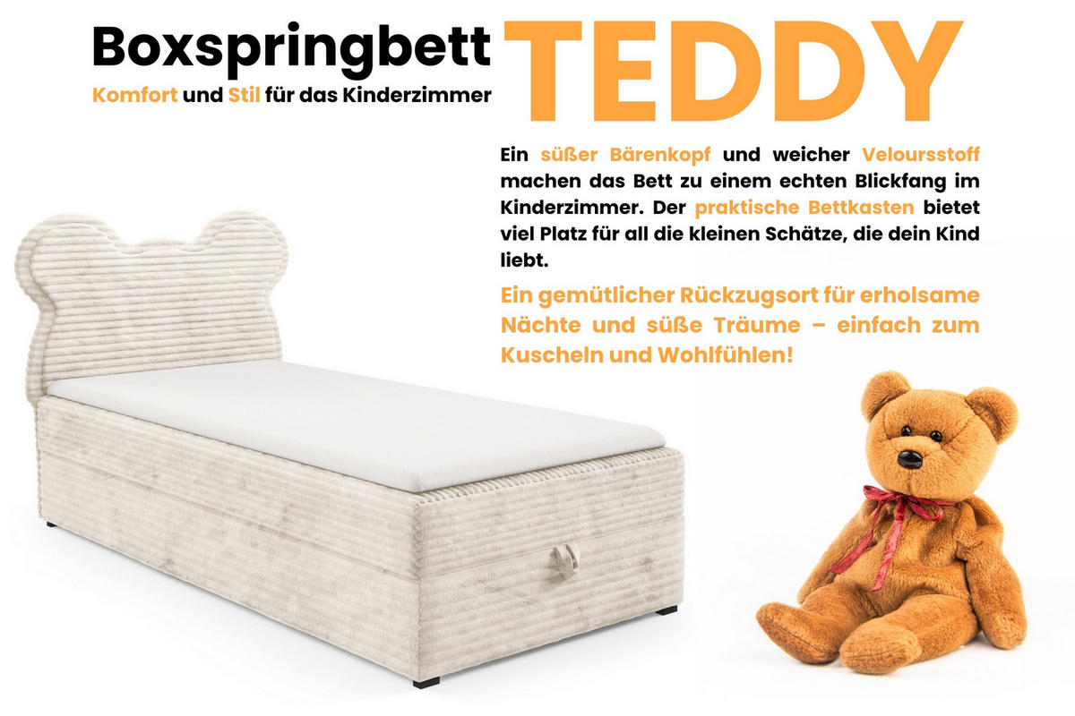 BOXBETT TEDDY 90/200 Cord-Samt Creme H3 - Creme, Holz/Holzwerkstoff (90/200cm) - Deine Möbel 24