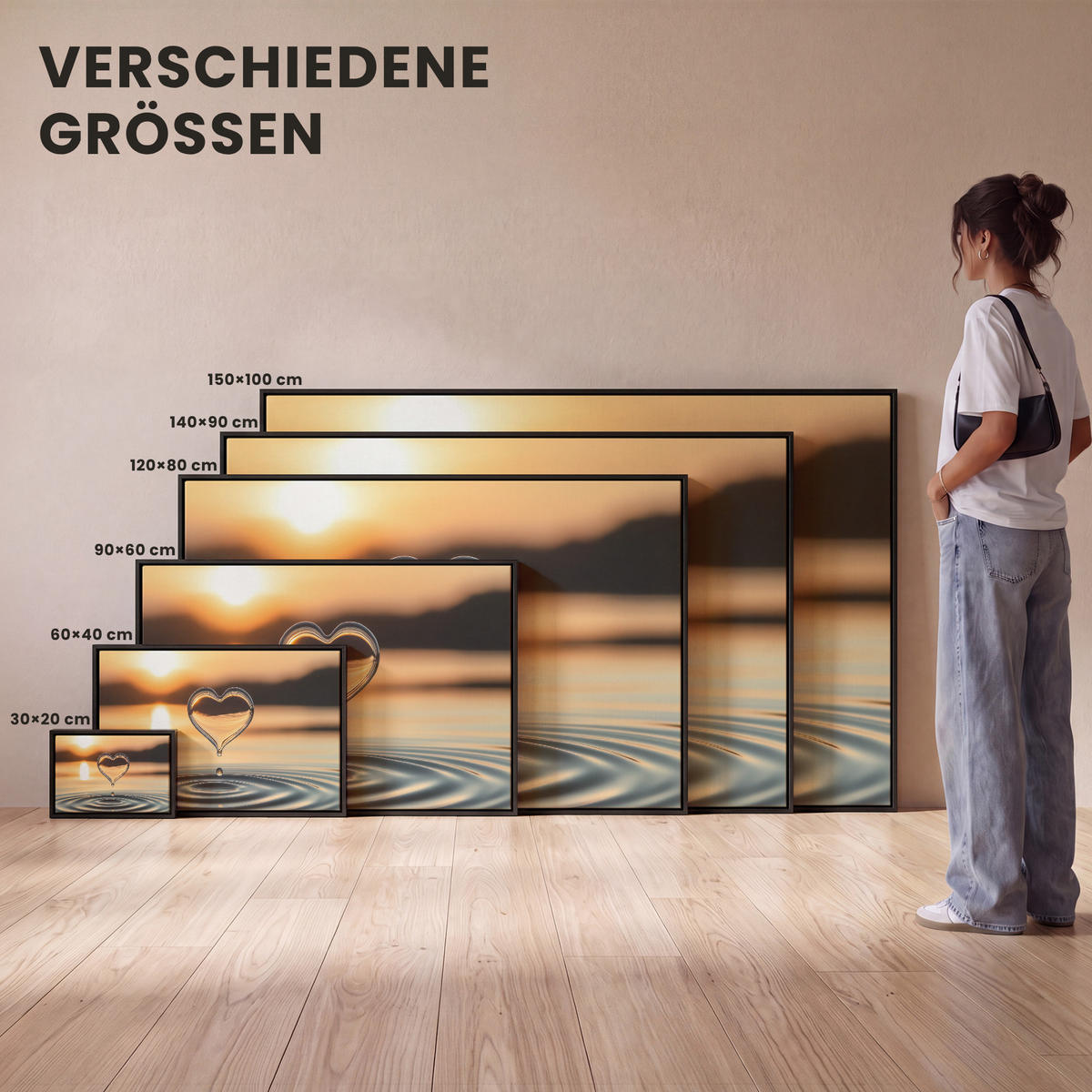 LEINWAND Bilder mit Rahmen - Herz - Wasser - Sonnenuntergang - Natur - Zen - 150x100 - Bernsteinfarben, Textil (150/100cm) - MuchoWow