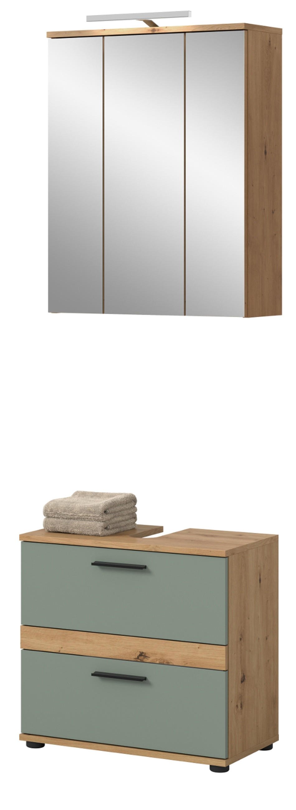 BADMÖBEL-SET Salbei grün, Eiche Artisan 60 cm 2-teilig, Badezimmereinrichtung inklusive LED Beleuchtung - Salbeigrün/Schwarz, Glas/Holzwerkstoff (60/191/34cm) - Inn.Furn