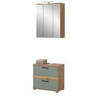 BADMÖBEL-SET Salbei grün, Eiche Artisan 60 cm 2-teilig, Badezimmereinrichtung inklusive LED Beleuchtung - Salbeigrün/Schwarz, Glas/Holzwerkstoff (60/191/34cm) - Inn.Furn