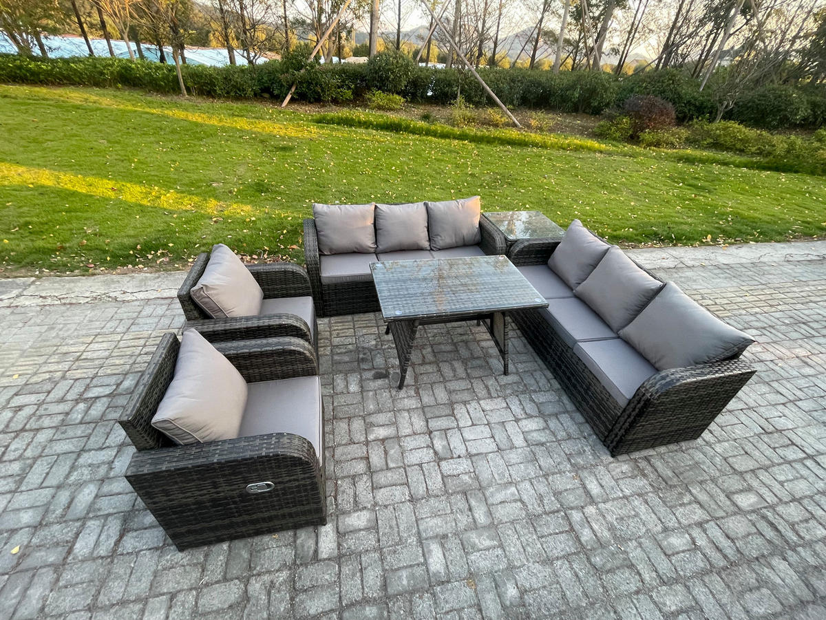 GARTENSET Hohe Rückenlehne Polyrattan 8-Sitzer - Dunkelgrau/Grau, Glas/Kunststoff - Fimous