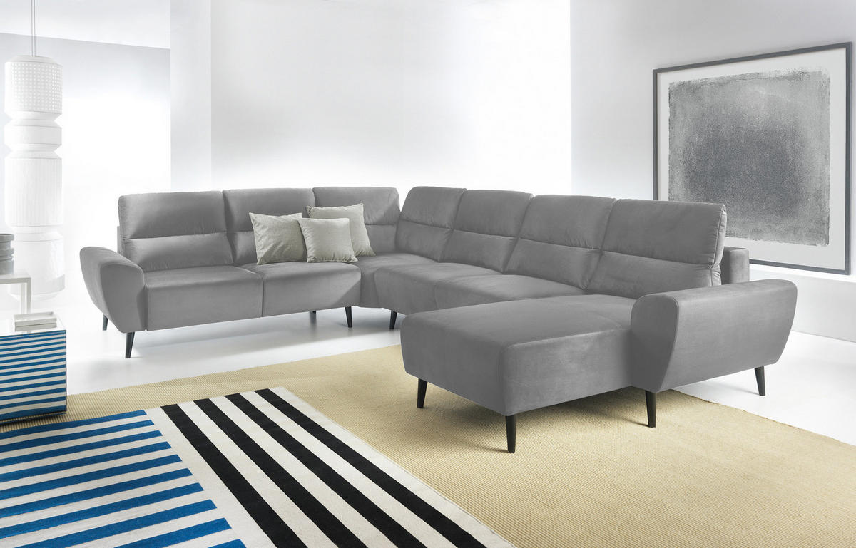 ECKSOFA BOSCO U-Form, Monolith-Stoff, freistehend, mit verstellbaren Kopfstützen, Sofa für Familien, Größe: 340x270x98cm, Farbe: Esche - Silberfarben, Holz/Textil (340/270cm) - DomoHome