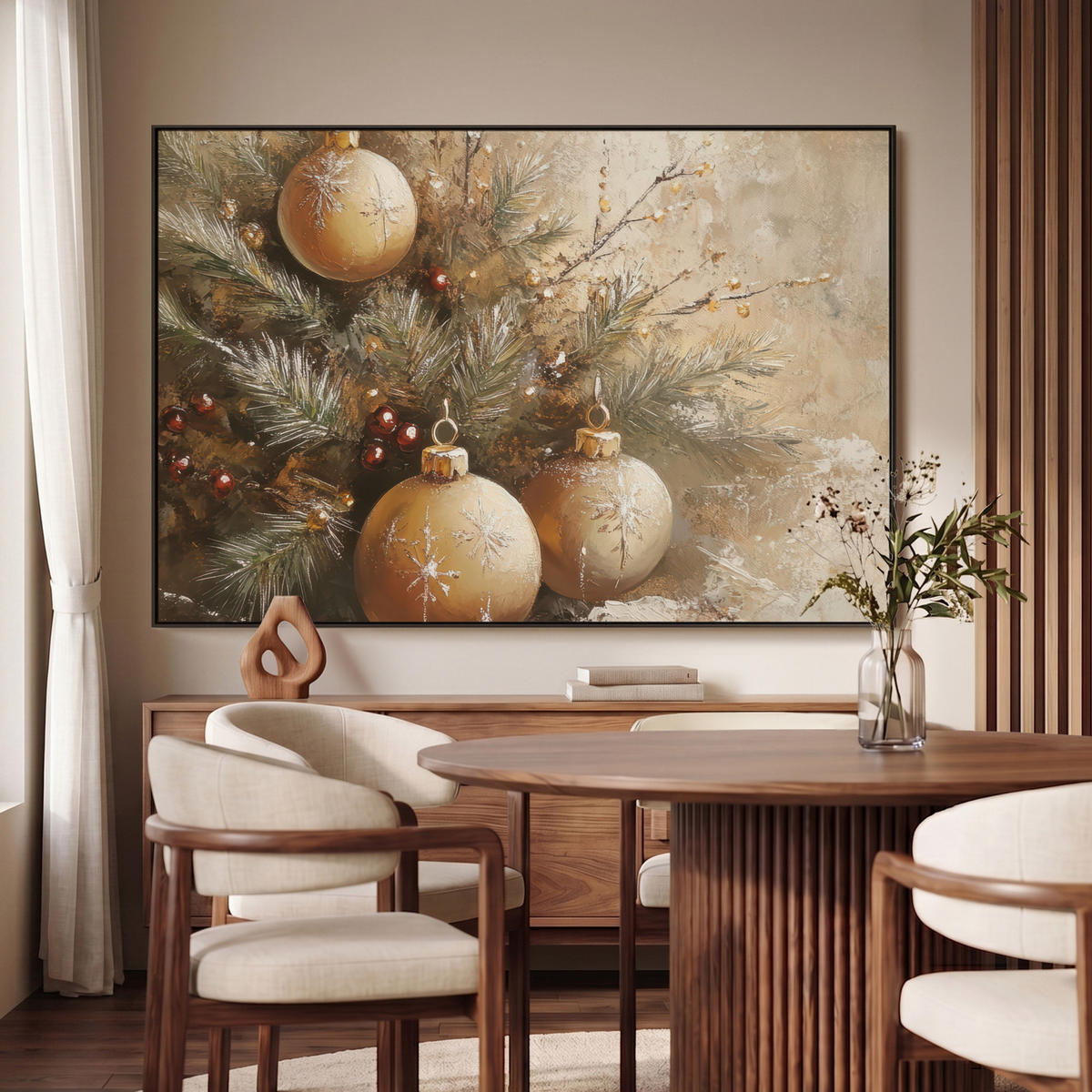LEINWAND Bilder mit Rahmen - Weihnachten - Kugeln - Beige - Gold - 120x80 - Goldfarben, Textil (120/80cm) - MuchoWow
