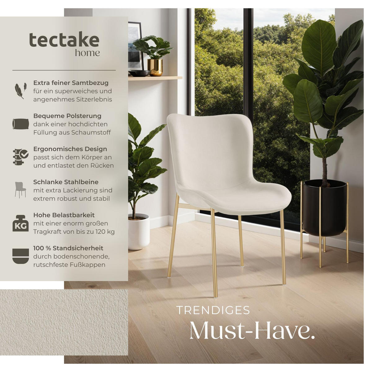 POLSTERSTUHL 4er Set Tessa 54 x 62 x 90 cm Samt beige/gold - Goldfarben/Samtahornfarben, Textil (54/90/62cm) - tectake