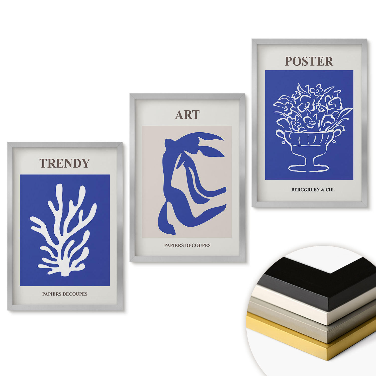 WANDBILDER 3er Set - 40x60 cm Silberner Rahmen - Matisses abstrakte Plakate - Silberfarben, Kunststoff (40/60cm) - ArtPrintCave