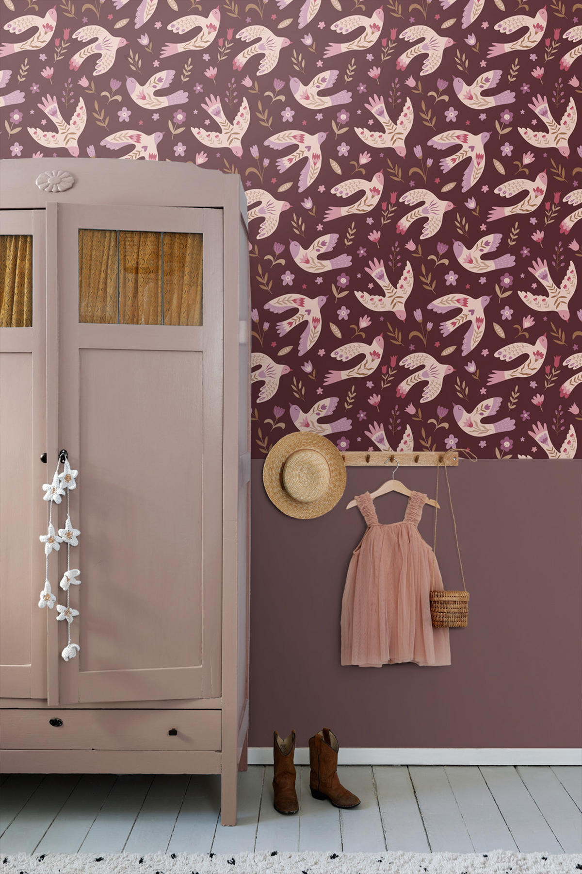 TAPETE Blumen und Vögel 50 x 900 cm - Lila, Papier (50/0.1cm) - ESTAhome
