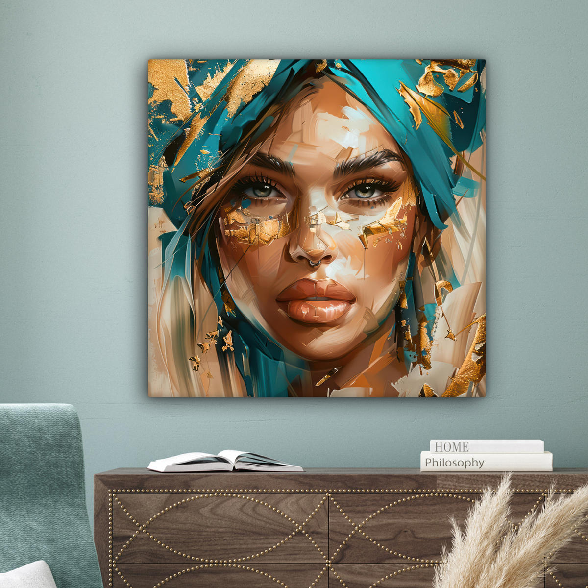 LEINWANDBILD - Frau - Porträt - Gold - Luxus - Blau - 90x90 - Gemälde - Türkis, Textil (90/90cm) - MuchoWow