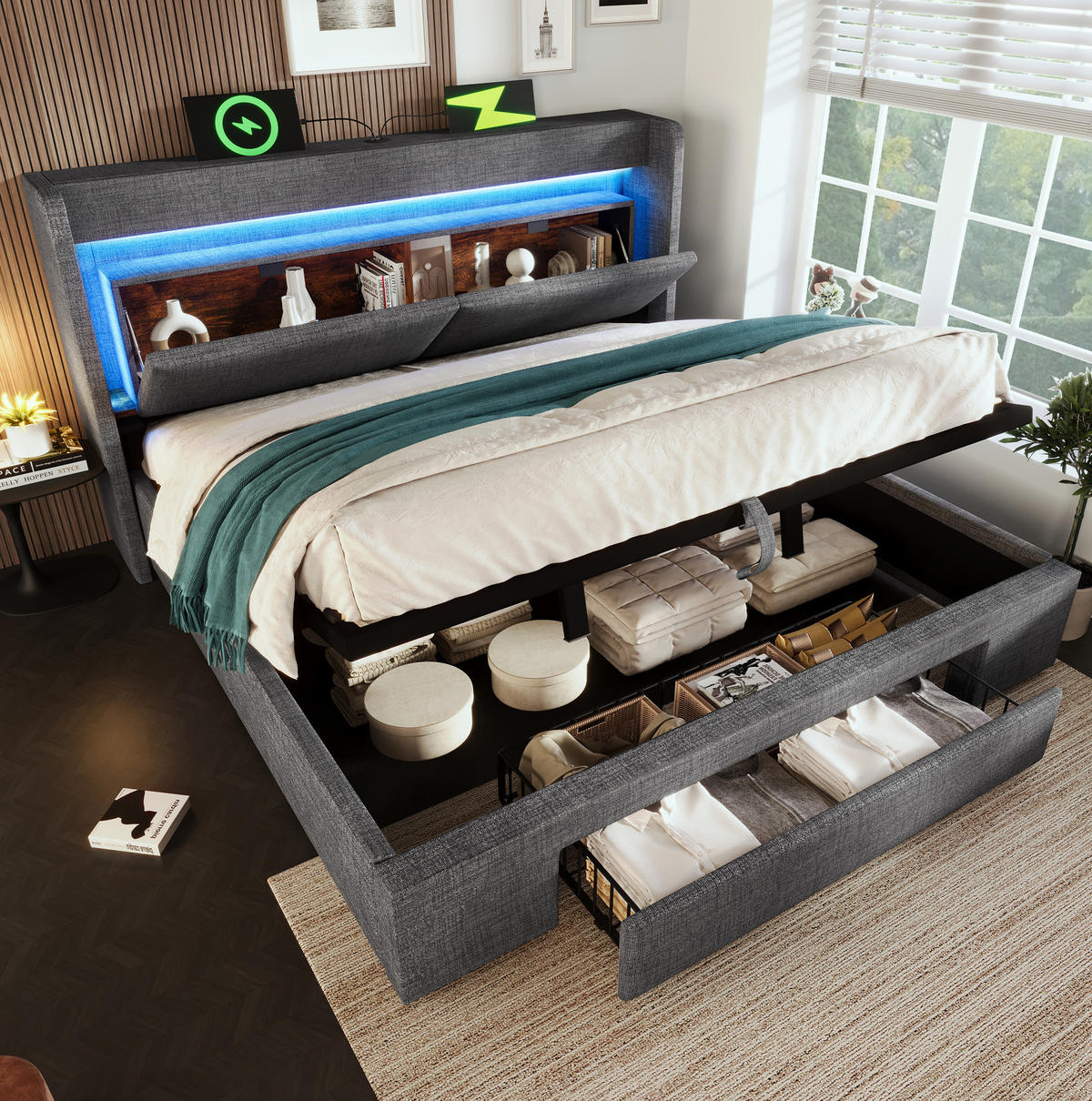 POLSTERBETT 180/200 cm mit Bettkasten, LED-Beleuchtung und USB-Anschluss in Grau - Grau, Textil (180/200cm) - BEAOK