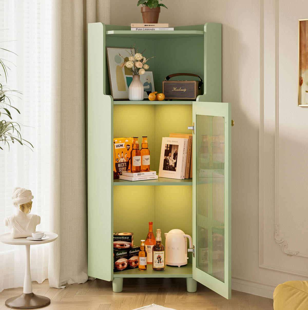 LED-ECKSCHRANK 63.5x16.5x124 cm Grün aus Spritzglas mit App-LED & 2-in-1 Stauraum - Grün, Holzwerkstoff (63.5/124/16.5cm) - Modfu