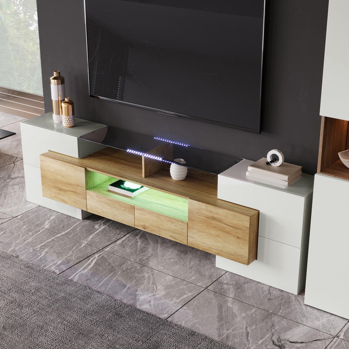 TV-ELEMENT 200 cm Hochglanz Weiß mit LED-Beleuchtung und Stauraum - Weiß, Holzwerkstoff (35/60/200cm) - Korfee