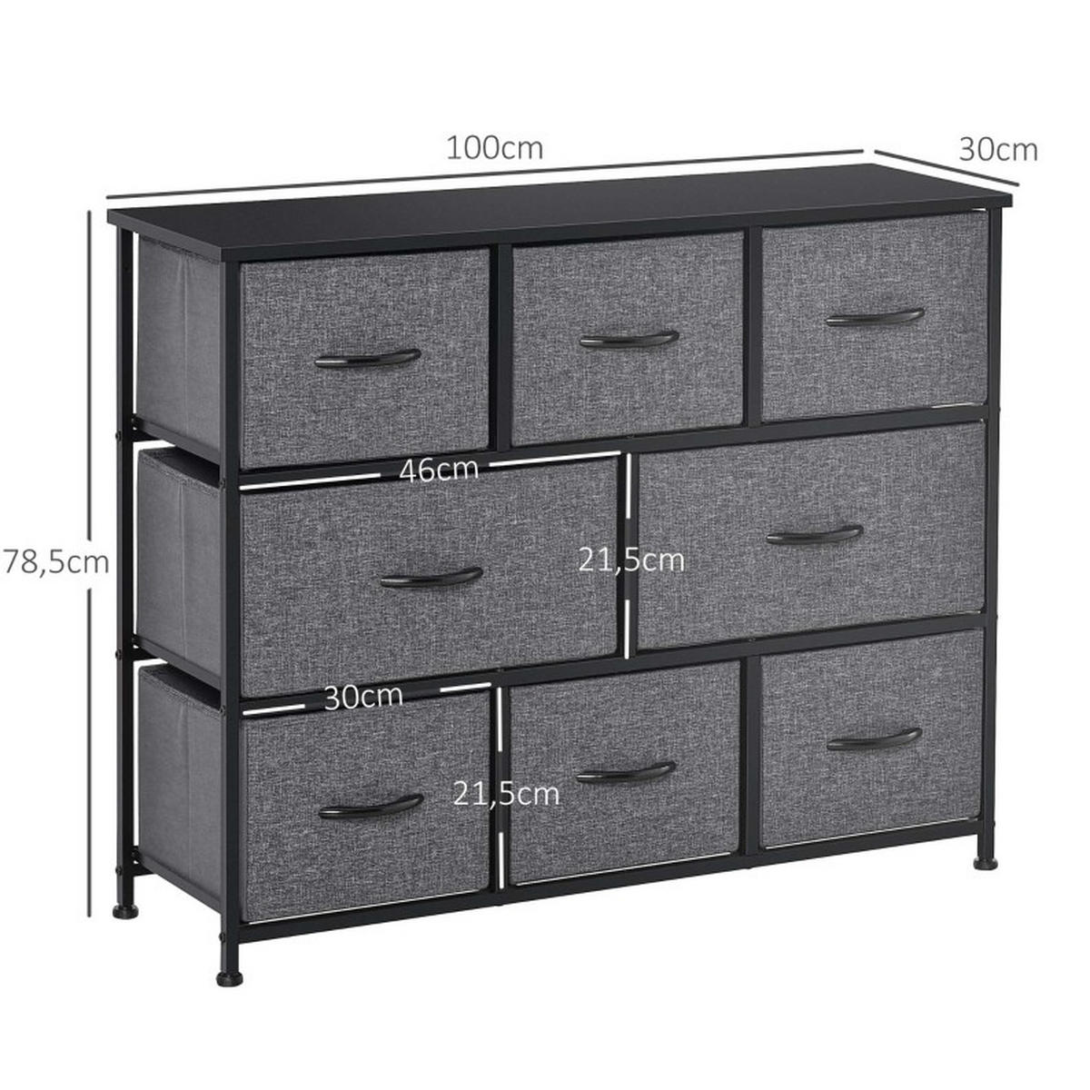 KOMMODE mit 8 Stoffschubladen 100 x 30 x 78,5 cm Dark Gray - Dunkelgrau, Kunststoff (30/78.5/100cm) - Meubliv