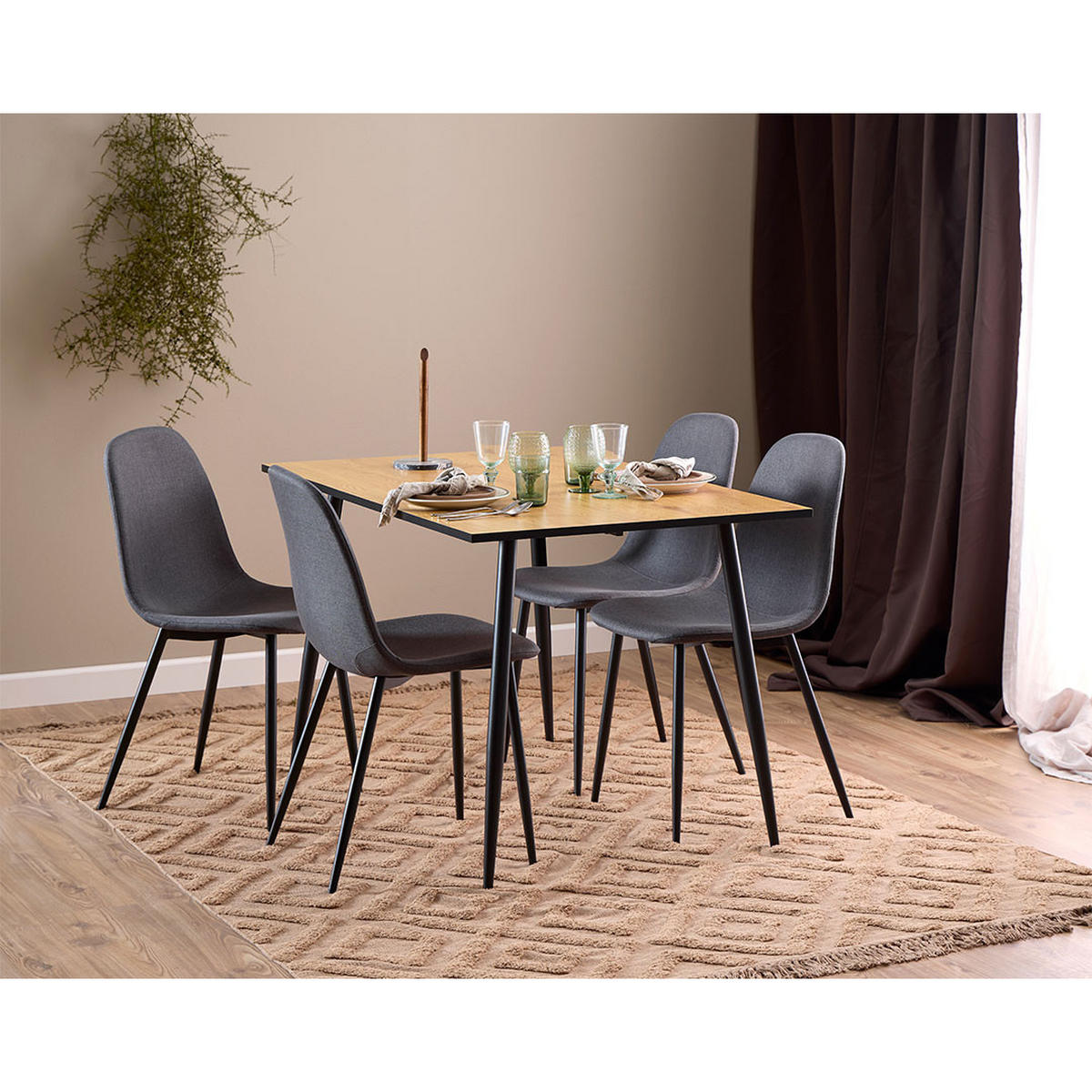 ESSGRUPPE, Wilma, Tisch Natur, Stühle Dunkelgrau, Stoff, 120 x 80 x 75 cm, 5-teilig - Naturfarben, Textil/Metall (120/75/80cm) - ebuy24