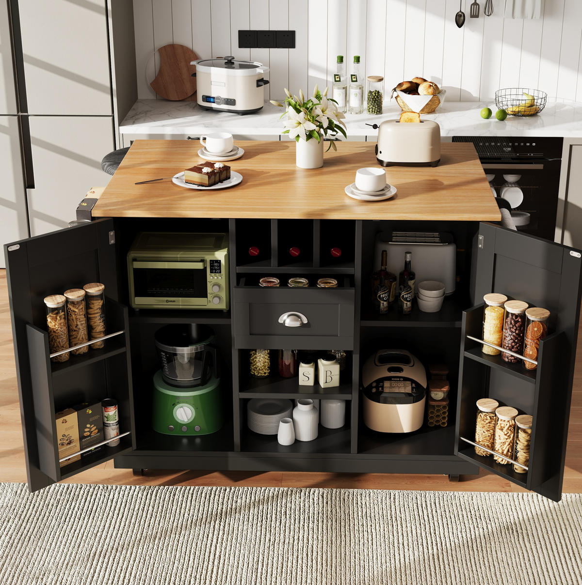 KUCHYŇSKÝ ostrůvek 140/70/93,5 cm černý z MDF s výklopnou deskou, koly a držákem na ručníky - černá, kompozitní dřevo (140/93.5/40cm) - OKWISH
