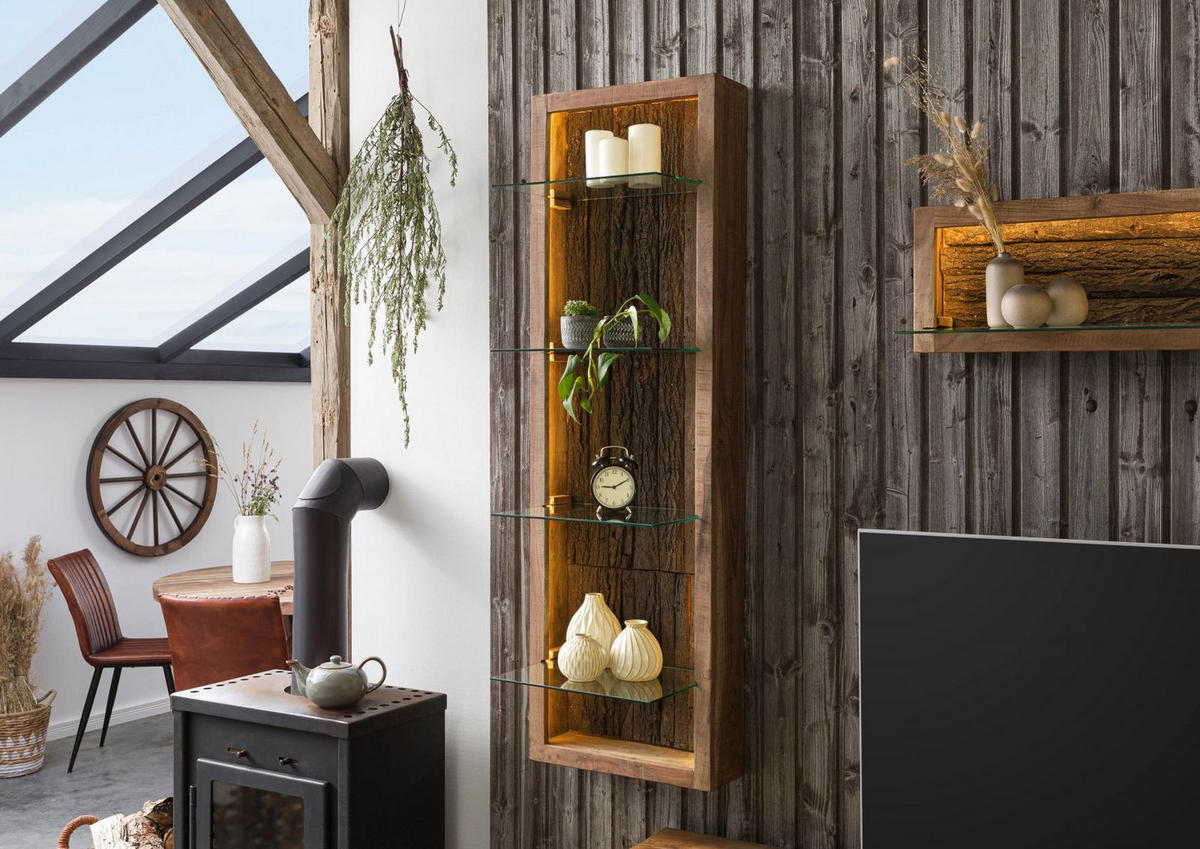 HÄNGEVITRINE Akazie 45x30x145 natur lackiert BARK #104 - Naturfarben, Holz (45/145/30cm) - Massivmoebel24